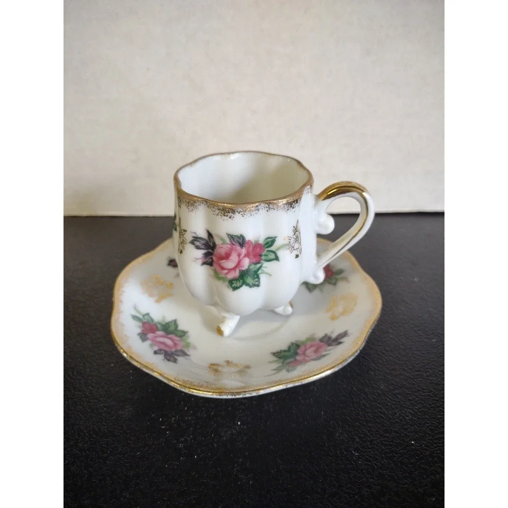 Vtg Lefton Hand Painted Footed Tea Cup & Saucer Pink Roses